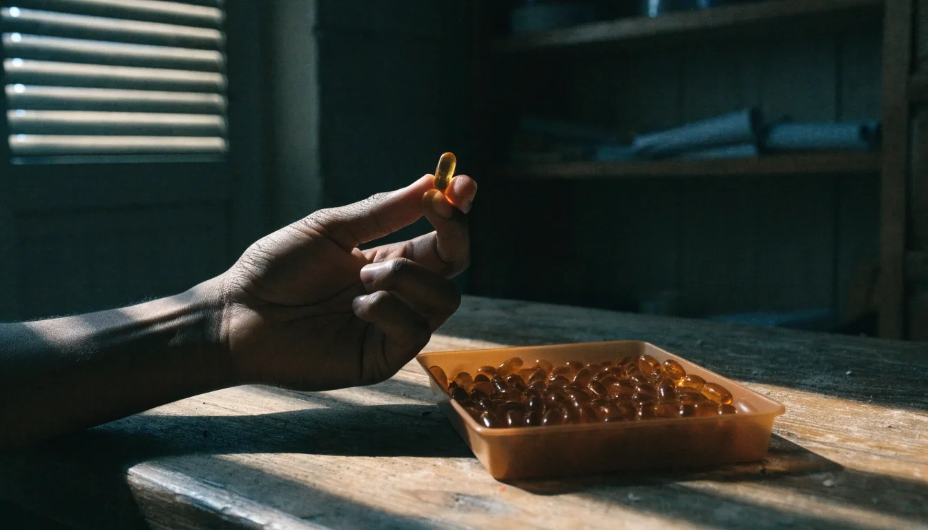 A hand setting two capsules beside a supplement tray on a worn worktop in low side light.