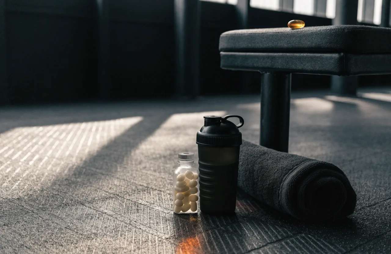 A supplement bottle with its cap half unscrewed beside a water bottle and folded towel on a gym bench