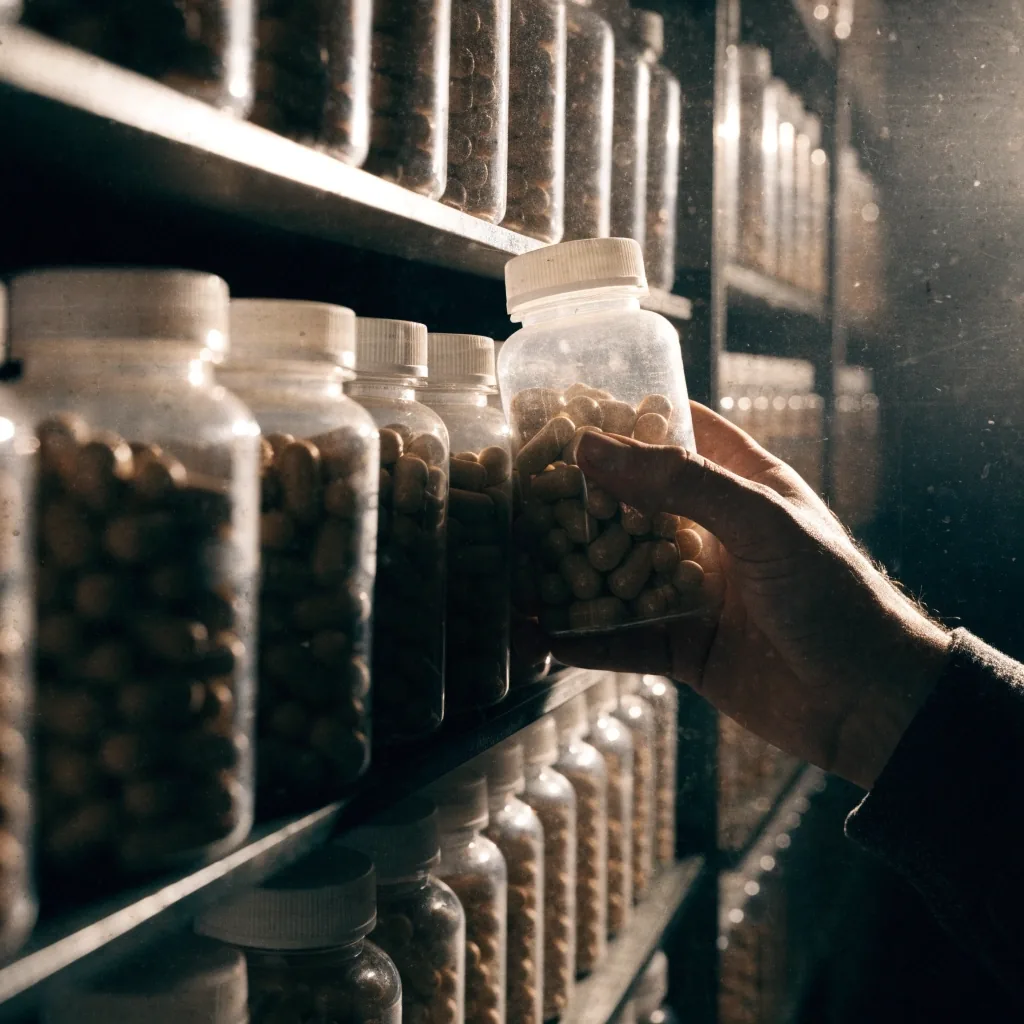 A receding row of plain supplement bottles on a shelf with deep shadows between them under single side light