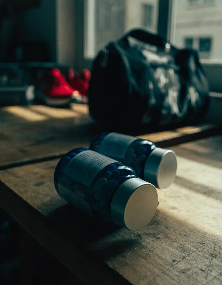 Two supplement bottles angled on a worn wooden worktop with only their matte caps in focus under soft side light