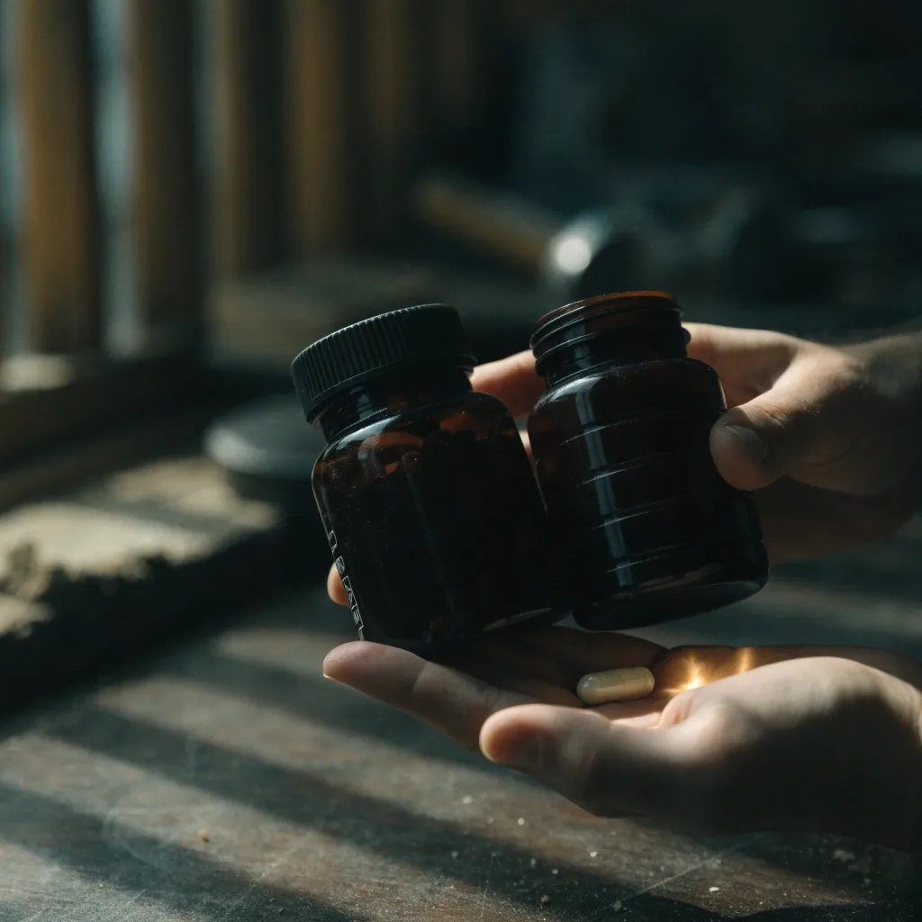 Hands holding two supplement bottles side by side over a worn worktop under low side light