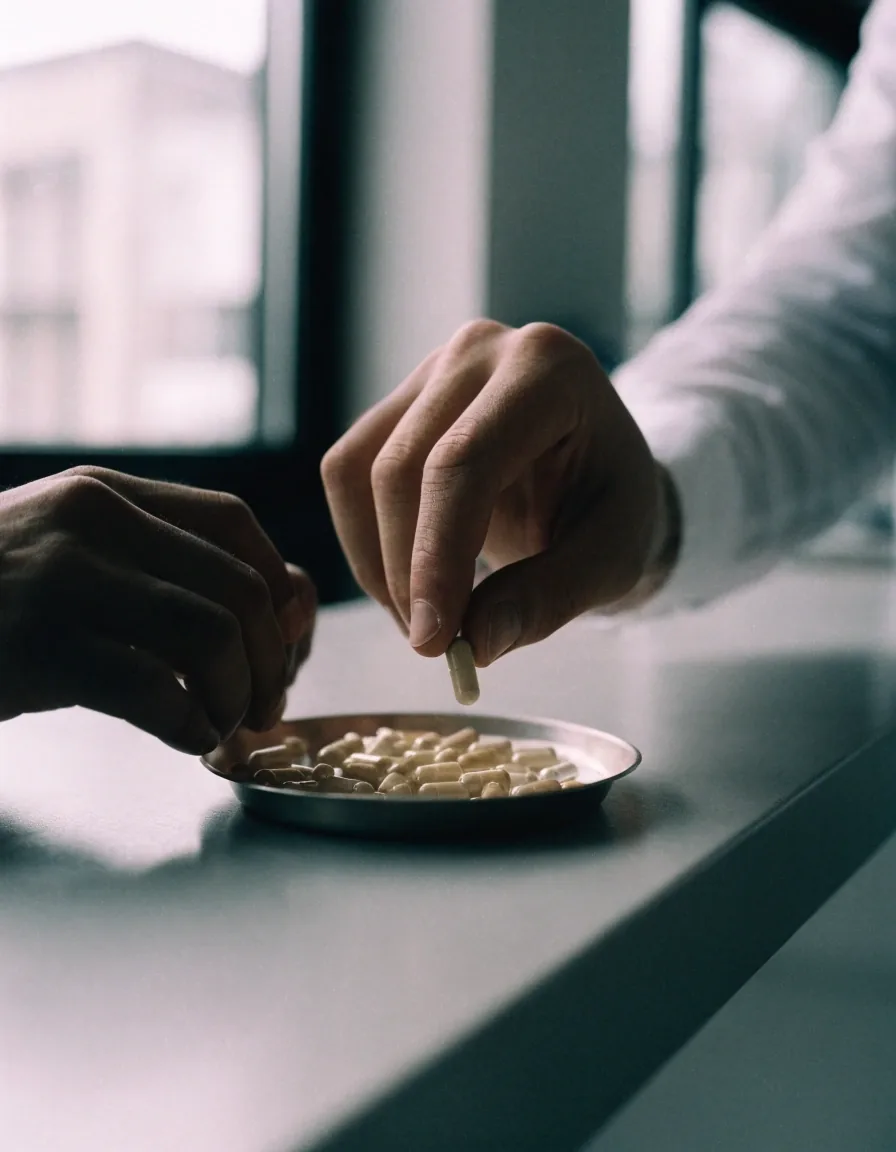 Two hands sorting capsule samples on a clinic counter under overcast window light