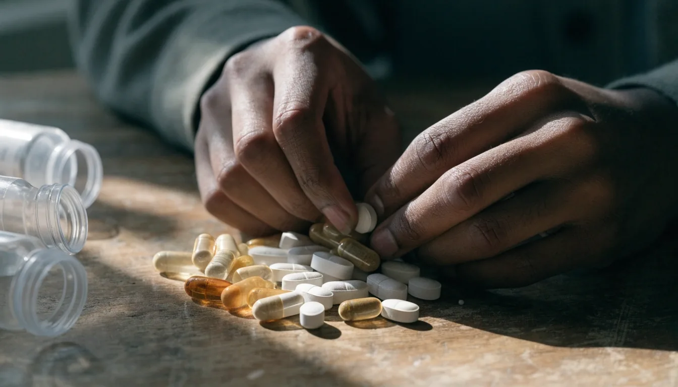 A man's hands holding two supplement bottles side by side over a worn counter, one capsule in his palm, lit from the side