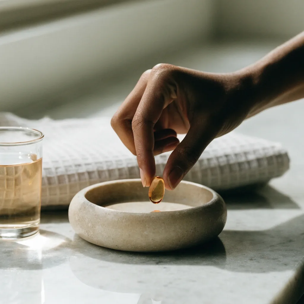 A single softgel capsule on a matte ceramic dish under overcast side light