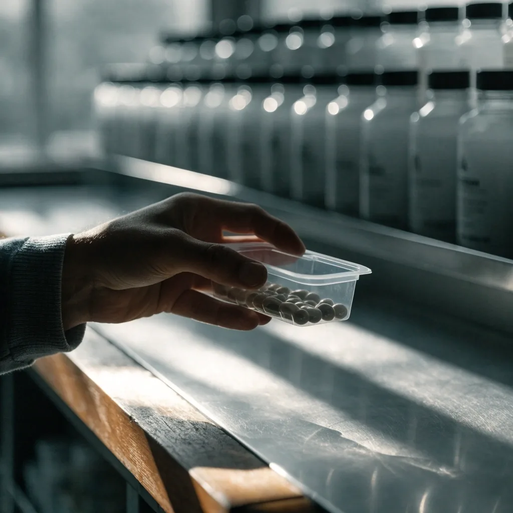 A supplement tray on a clinic back-room counter with shelving blurred behind
