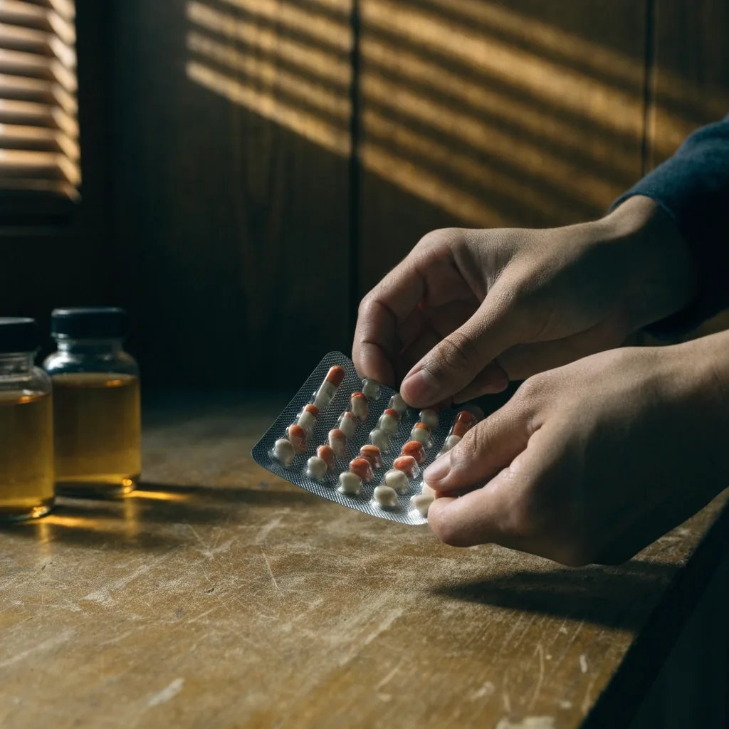 Hands holding packaging material beside supplement bottles on a clinic counter in low side light
